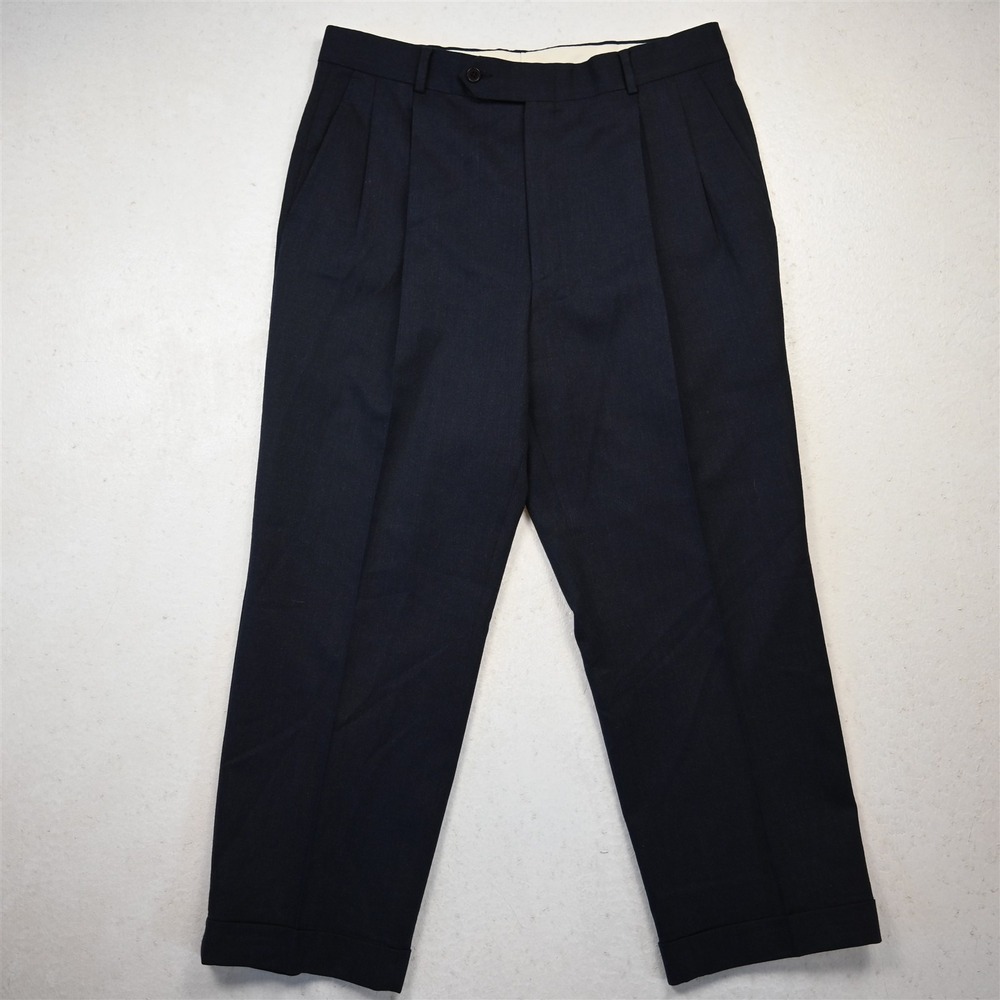 Vtg Y2K 2000s 34x30 Navy Blue 100% Wool Flannel Pleated Cuffed Baggy Dress Pants